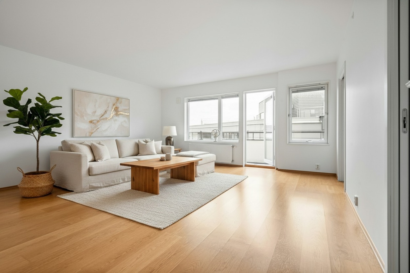 Bright empty living room before and warm-transitional staged after — staged